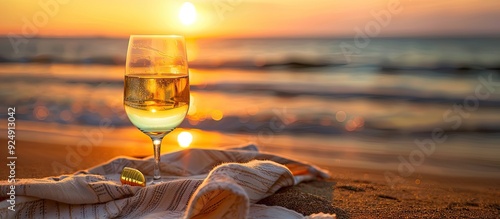 Sunset setting the mood for a beachside white wine toast with a beach towel as an improvised table the sun setting in the background copy space image photo