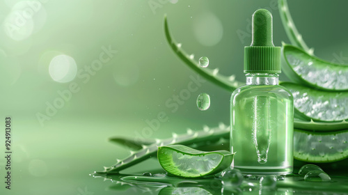 Aloe skin care concept dropper bottle, extract, aloe leaves background, aloe gel, green background