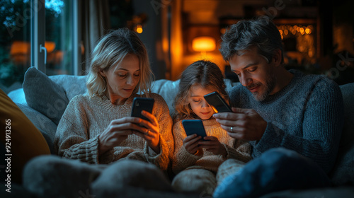 A family gathered in the living room, using their phones to control the lighting and temperature, with a warm, inviting atmosphere, and each member focusing on their device, with c