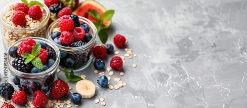 Glass jars filled with appetizing oatmeal and fresh berries arranged on a neutral grey backdrop with copy space image