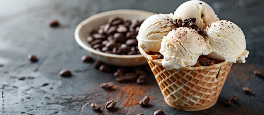 Waffle cup filled with vanilla and coffee ice cream with a blank space ...
