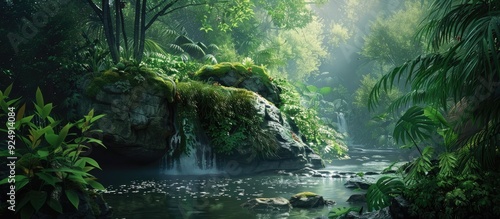 A picturesque rock surrounded by lush greenery near a flowing stream in the forest with a blank space for inserting an image. Creative banner. Copyspace image