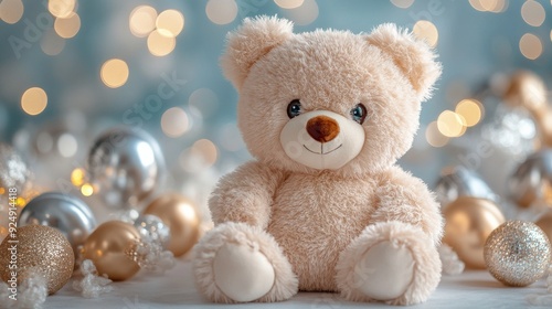 Teddy bear sitting between christmas baubles with sparkling lights in background