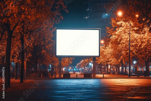 Blank Billboard Ad in Urban Night Scene with Autumn Trees