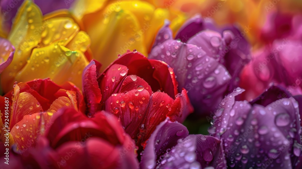 A colorful flower background with a close-up of blooming tulips in shades of red, yellow, pink, and purple, the petals glistening with morning dew, capturing the beauty and vibrancy of spring A colorful flower background with a close-up of blooming tulips in shades of red, yellow, pink, and purple, the petals glistening with morning dew, capturing the beauty and vibrancy of spring