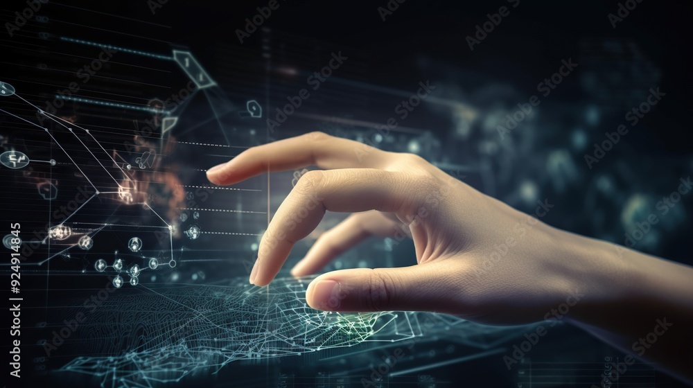 Fototapeta premium Hand touching virtual panel with infographics.