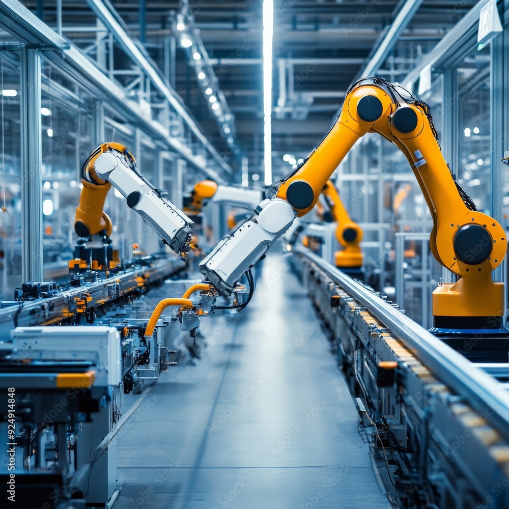 Automated robotic arms working on an assembly line in a modern factory, showcasing advanced manufacturing and industrial technology. Automated robotic arms working on an assembly line in a modern factory, showcasing advanced manufacturing and industrial technology.