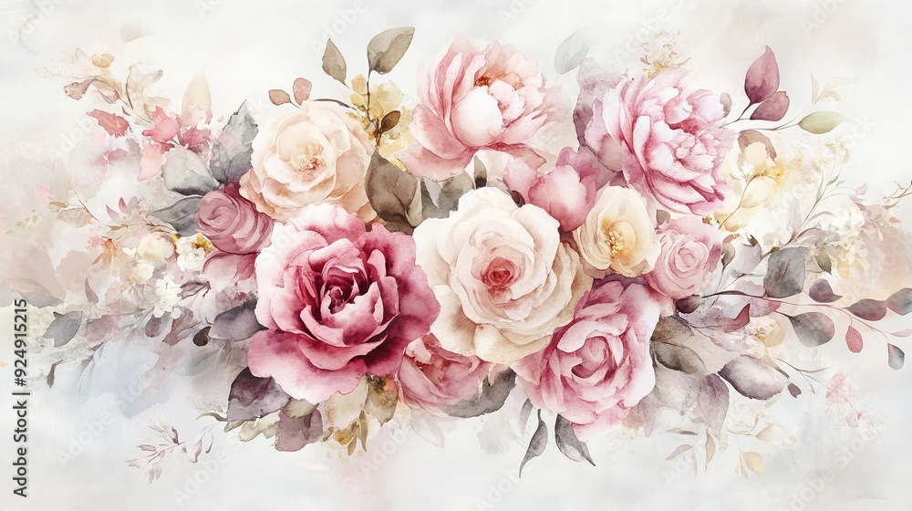 Watercolor painting depicting lush bouquet of pink and white roses Watercolor painting depicting lush bouquet of pink and white roses