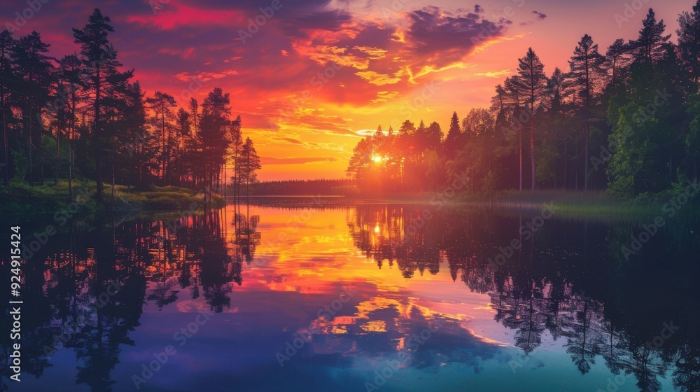 An attractive background showcasing a stunning sunset over a serene lake, with vibrant colors reflecting off the water and silhouetted trees in the foreground, creating a breathtaking and captivating An attractive background showcasing a stunning sunset over a serene lake, with vibrant colors reflecting off the water and silhouetted trees in the foreground, creating a breathtaking and captivating
