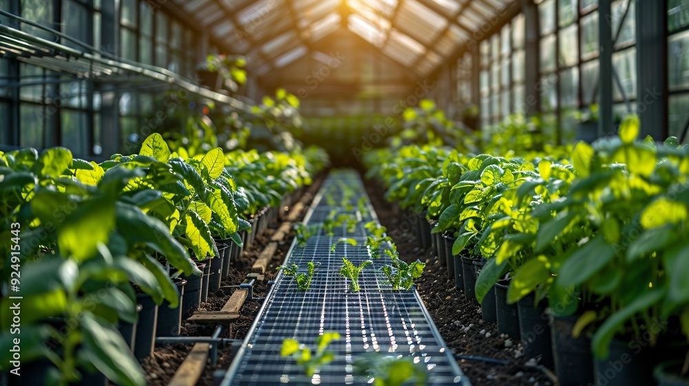Solar Cells on a Modern Greenhouse: Solar cells integrated into a modern greenhouse, helping to power the growth of plants inside. Solar Cells on a Modern Greenhouse: Solar cells integrated into a modern greenhouse, helping to power the growth of plants inside.