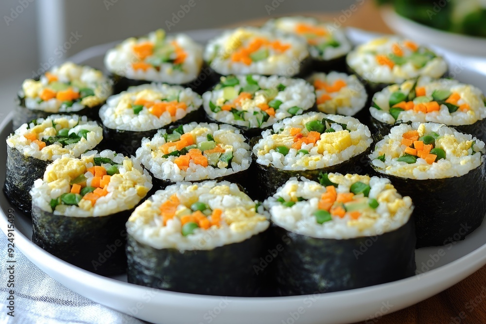 A plate of freshly made vegetable gimbap sushi rolls A plate of freshly made vegetable gimbap sushi rolls