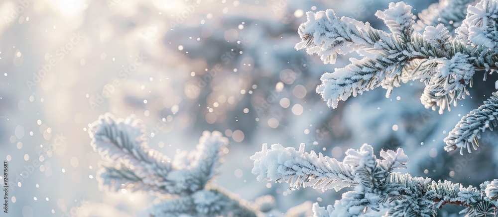 Snow and frost cloak spruce branches creating a picturesque winter scene perfect for a Christmas themed image with a snow covered spruce branch and a wintry forest backdrop offering ample copy space Snow and frost cloak spruce branches creating a picturesque winter scene perfect for a Christmas themed image with a snow covered spruce branch and a wintry forest backdrop offering ample copy space