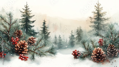 Pine branches with cones framing snowy forest landscape