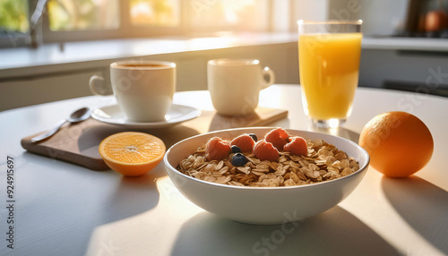 Close-up of a healthy breakfast setup with a bowl of granola, fresh berries, a glass of orange juice photo