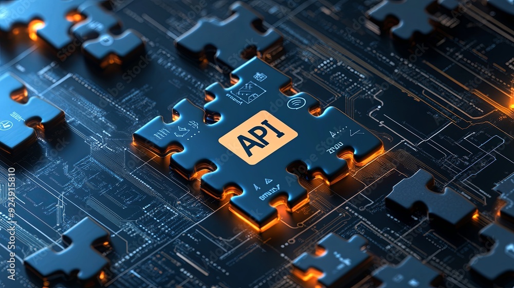 Puzzle Api glowing puzzle piece labeled API oncircuit board background ...