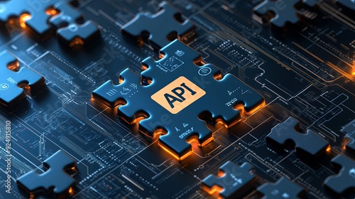 glowing puzzle piece labeled API oncircuit board background, symbolizing technology and connectivity. 
