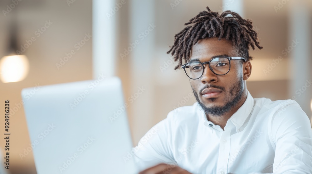 A Young Entrepreneur Engages Deeply with Financial Guidance Amidst a Modern Workspace Setting, Reflecting Determination and Ambition. A Young Entrepreneur Engages Deeply with Financial Guidance Amidst a Modern Workspace Setting, Reflecting Determination and Ambition.
