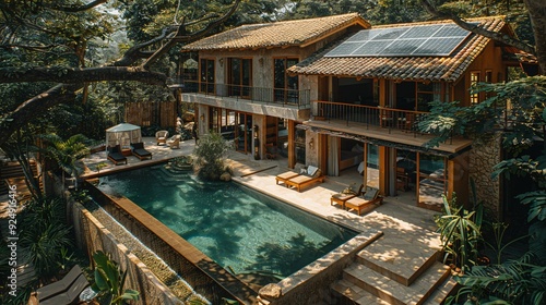 Wallpaper Mural Solar Cells in an Eco-Friendly Resort: Solar cells powering a luxurious eco-friendly resort, with guests enjoying sustainable amenities. Torontodigital.ca