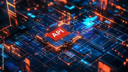 Wallpaper Mural vibrant digital circuit board featuringword API prominently displayed, conveyingsense of technology and innovation.  Torontodigital.ca