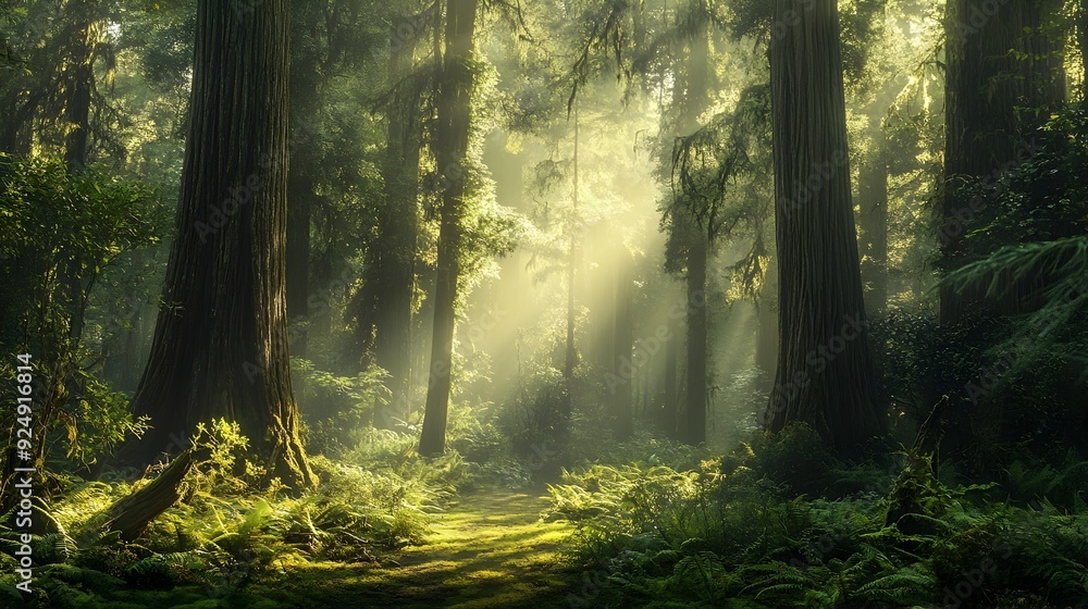 Obraz premium Lush Forest Backdrop with Towering Trees and Dappled Sunlight Perfect for Outdoor Adventure and Nature Events