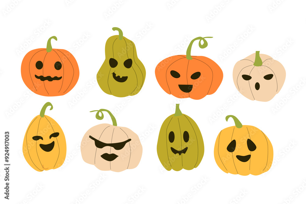 Fototapeta premium Colourful Halloweens pumkins set in orange, green, white and yellow colors. Vector illustrations for monsters party.