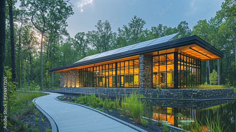 Solar Cells in a National Park: Solar cells providing energy to a visitor center in a national park, blending into the natural environment. Solar Cells in a National Park: Solar cells providing energy to a visitor center in a national park, blending into the natural environment.