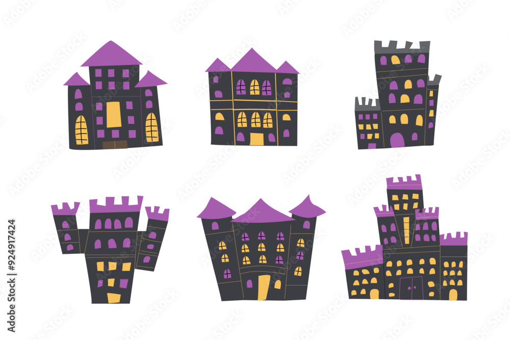 Childrens halloweens castle set. Fairy magic building. Flat illustrations, Hand drawn style. Childrens halloweens castle set. Fairy magic building. Flat illustrations, Hand drawn style.