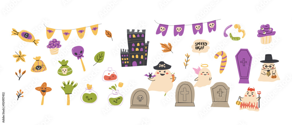 Childrens Halloween party elements set. Collection of cute ghosts in costumes, graves, autumn leaves, poisons. Kids spooky party decoration festive elements with Halloween characters. Childrens Halloween party elements set. Collection of cute ghosts in costumes, graves, autumn leaves, poisons. Kids spooky party decoration festive elements with Halloween characters.