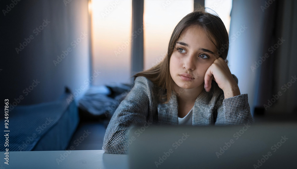 Portrait of bored young woman in her 20s with laptop, homeoffice. Portrait of bored young woman in her 20s with laptop, homeoffice.