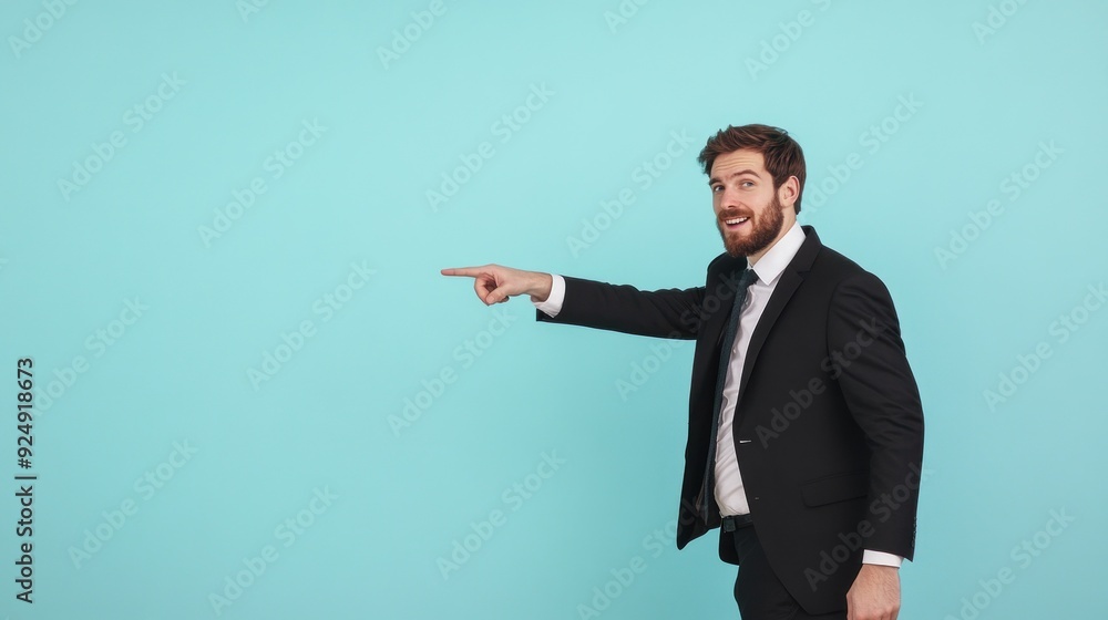 Young businessman smiling and pointing left Young businessman smiling and pointing left