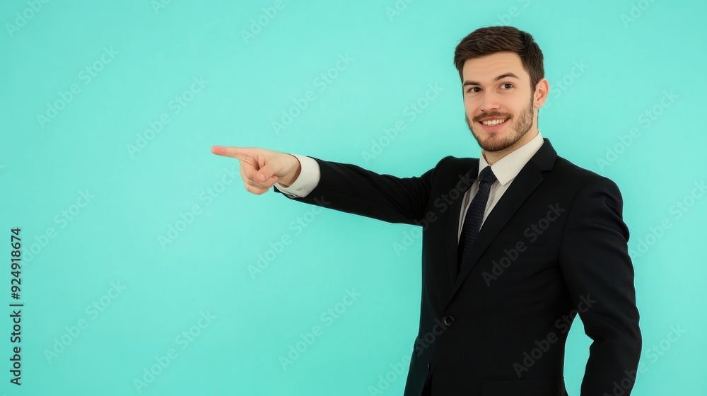 Man in black suit pointing finger with a smile Man in black suit pointing finger with a smile
