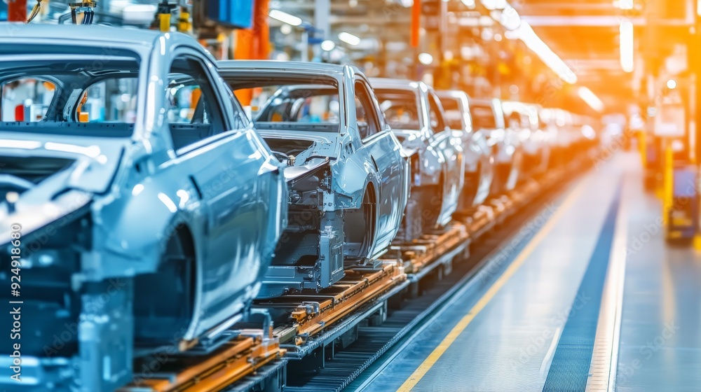 Automobile assembly line in a modern factory with car bodies on the production line and bright lighting in the background. Automobile assembly line in a modern factory with car bodies on the production line and bright lighting in the background.