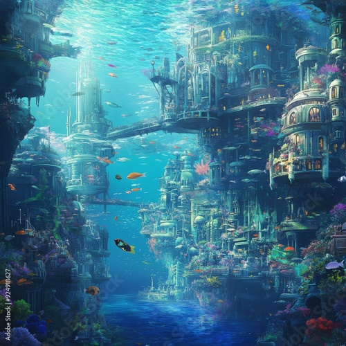 Enchanted Underwater City: A Fantasy Realm of Coral Castles and Prismatic Fish Schools in Anime Aesthetic, storybook illustrations, comic strips, book illustrations and picture books,Abstract concepts