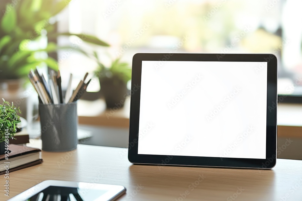 A Tablet with a Blank Screen on a Wooden Desk A Tablet with a Blank Screen on a Wooden Desk