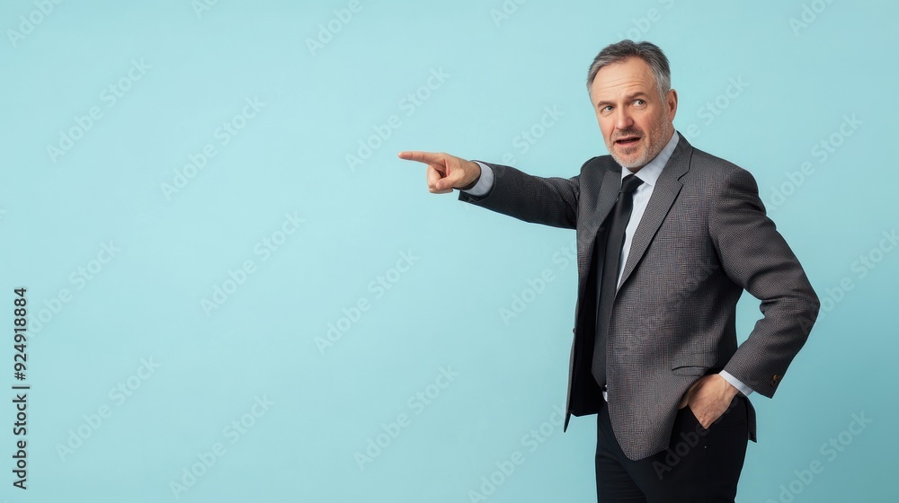 Older businessman in suit pointing forward thoughtfully Older businessman in suit pointing forward thoughtfully