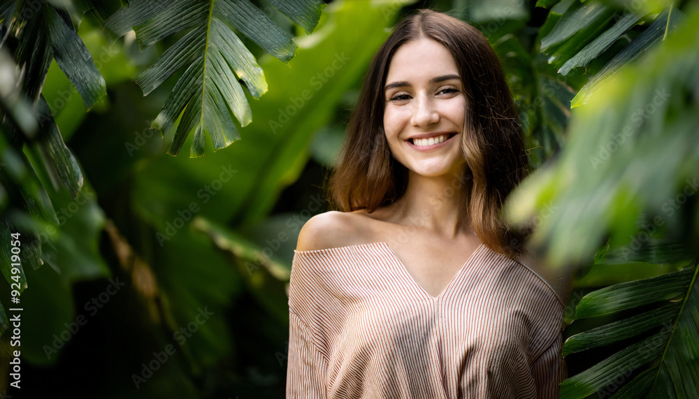Young smiling woman with a model face standing in botanical garden Young smiling woman with a model face standing in botanical garden