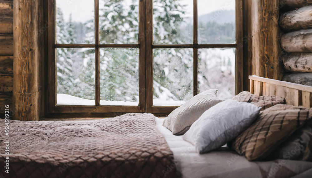Cozy bed. rural. In the background window with snow. winter. Cozy bed. rural. In the background window with snow. winter.