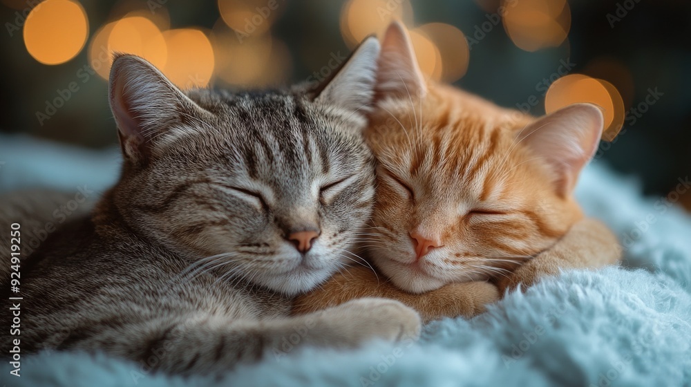 Two cats sleeping peacefully on a cozy blanket Two cats sleeping peacefully on a cozy blanket