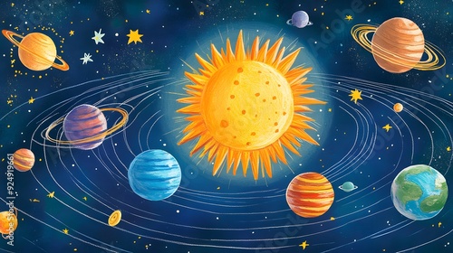 an engaging illustration for kids showcasing the solar system. Include the sun at the center with vibrant, colorful planets orbiting around it. Feature