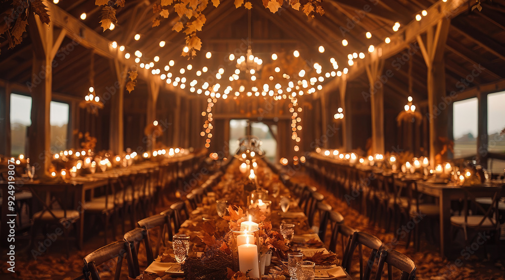 Obraz premium A wedding in a rustic barn, decorated with autumn leaves, candles, and warm lights. Generative AI.