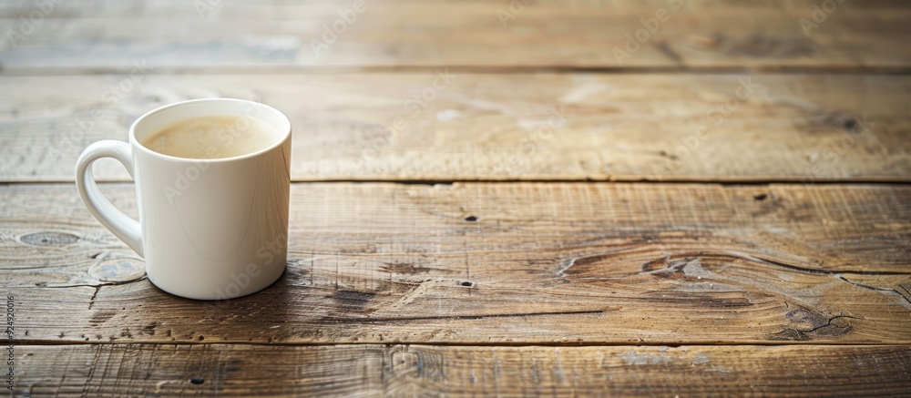 An empty white latte coffee cup on a wooden table with copy space image An empty white latte coffee cup on a wooden table with copy space image