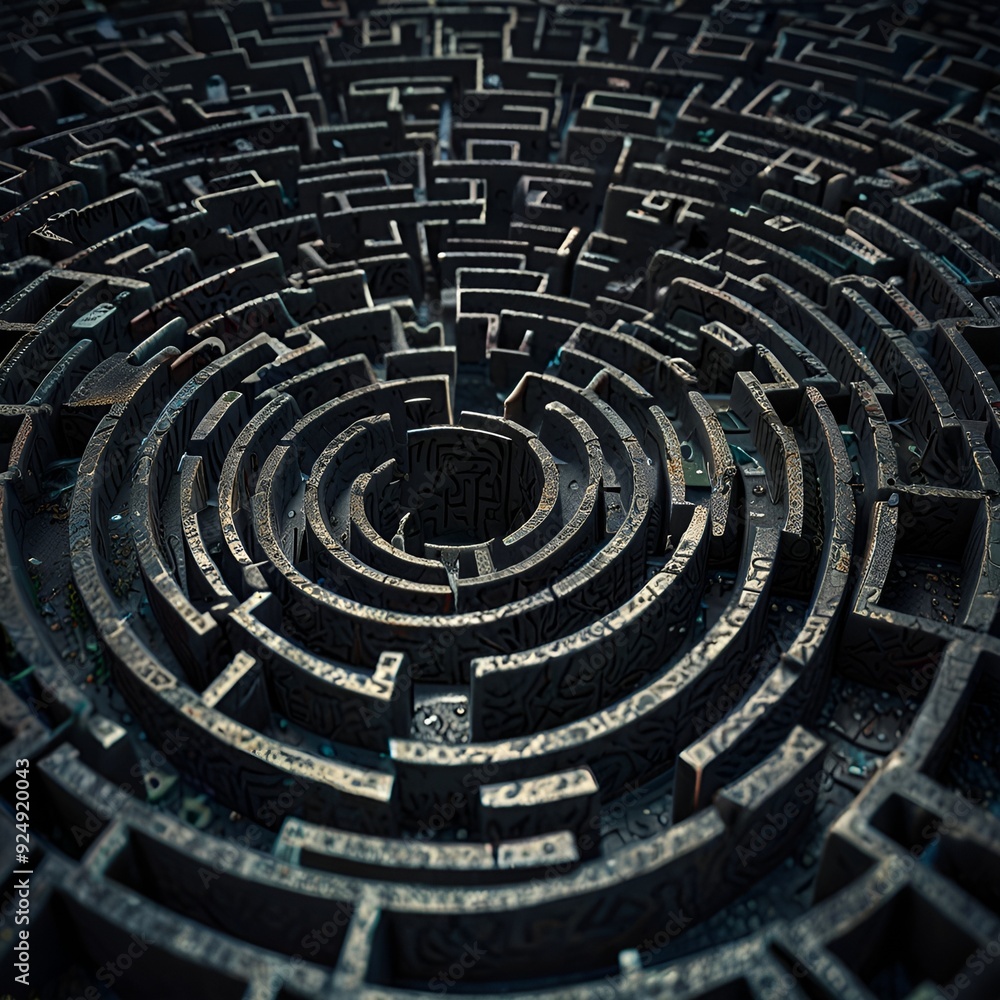 The background features a labyrinthine maze, with twisting corridors and sharp angles, creating a sense of depth and intrigue The background features a labyrinthine maze, with twisting corridors and sharp angles, creating a sense of depth and intrigue