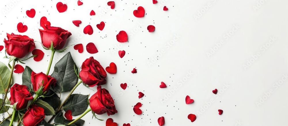 A top down view of red roses and hearts on a white background with copy space image available A top down view of red roses and hearts on a white background with copy space image available