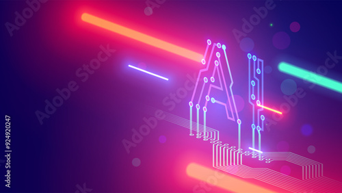 AI letters consist at pcb conductor in isometric. Logo or abbreviation AI in isometric on electronic industry background. Tech banner in hardware development style. Artificial intelligence background.