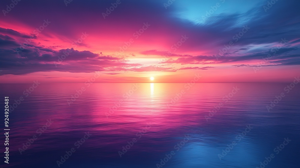 Obraz premium Vibrant purple and blue sunset casting reflections on calm ocean water