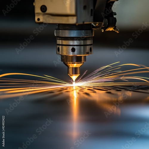 Close-up image of an industrial CNC laser cutting machine in action, emitting sparks while cutting through a piece of metal.