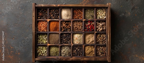 Fototapeta Naklejka Na Ścianę i Meble -  Overhead shot showcasing a variety of spice seeds and powders in a wooden box Plenty of space for adding text or graphics in the image. Creative banner. Copyspace image