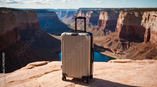 Suitcase on top of a canyon, travel concept.