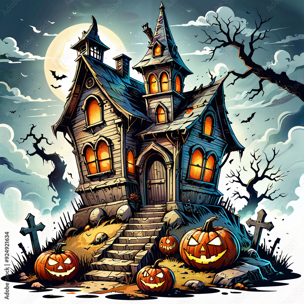 Creepy Mansion in a Graveyard with Flying Bats and Pumpkins Creepy Mansion in a Graveyard with Flying Bats and Pumpkins