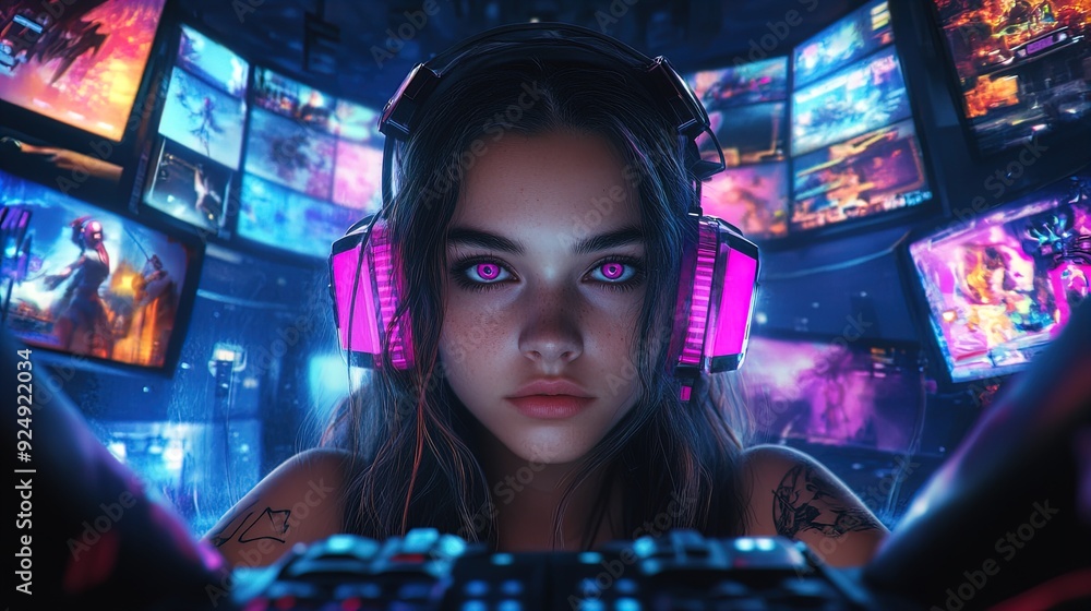 Immersive Gaming Atmosphere: A Striking Young Gamer with Pink Eyes and Futuristic Headphones - Perfect Poster for Esports and Gaming Room Decor! Immersive Gaming Atmosphere: A Striking Young Gamer with Pink Eyes and Futuristic Headphones - Perfect Poster for Esports and Gaming Room Decor!
